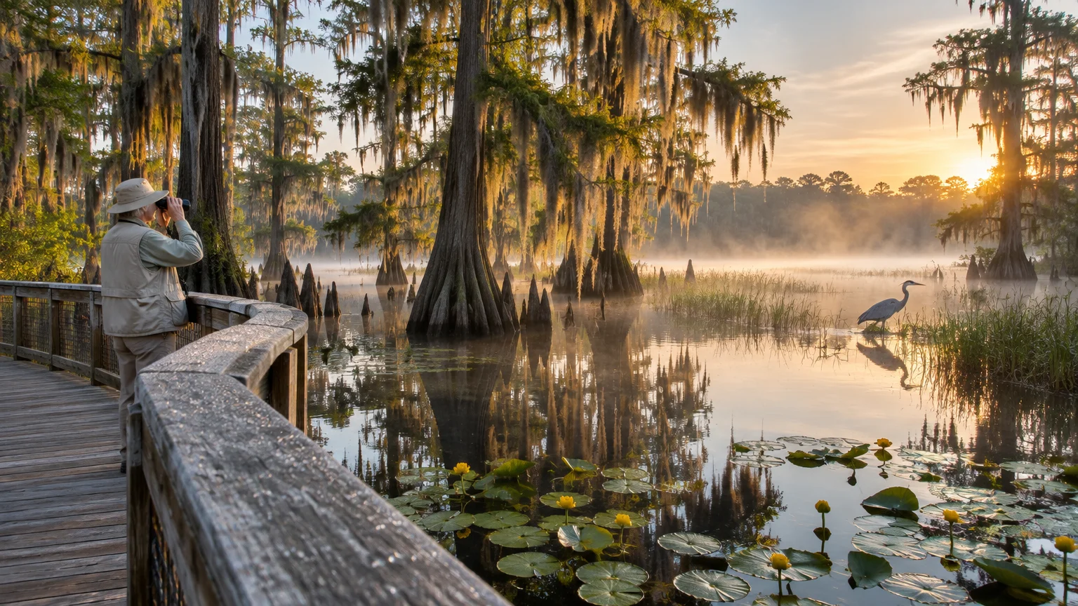 Person on a wooden boardwalk looking through binoculars at cypress trees and a heron in a misty swamp at sunrise.