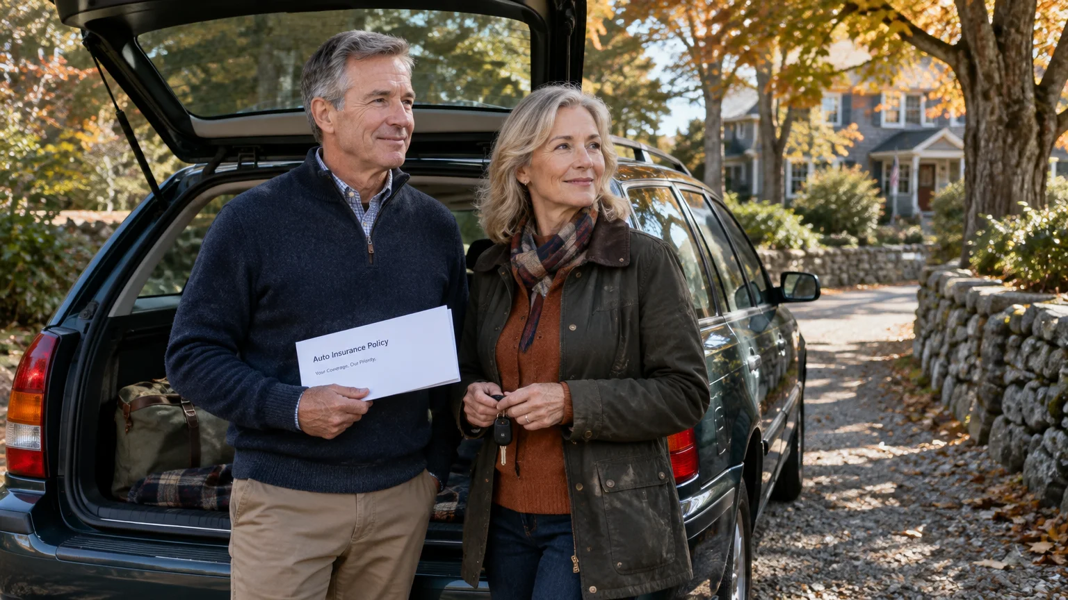 Mature couple standing beside an open car hatchback on a gravel driveway, the man holding an auto insurance envelope.