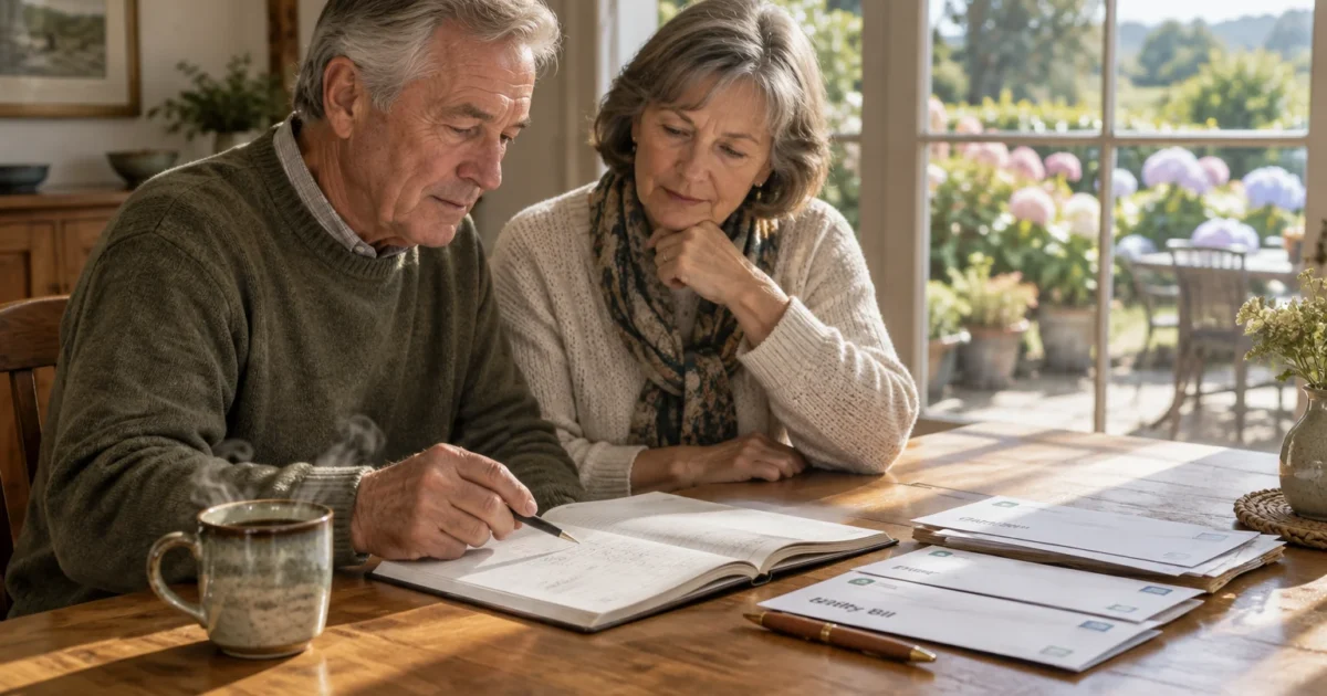 Senior couple sitting at a wooden table reviewing an open ledger beside mail envelopes and a steaming mug.