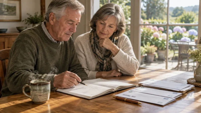 Senior couple sitting at a wooden table reviewing an open ledger beside mail envelopes and a steaming mug.