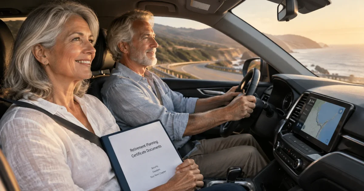 Senior couple driving along a coastal highway at sunset, the woman holding a folder labeled Retirement Planning Documents.