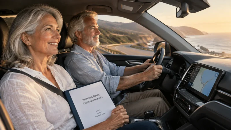 Senior couple driving along a coastal highway at sunset, the woman holding a folder labeled Retirement Planning Documents.