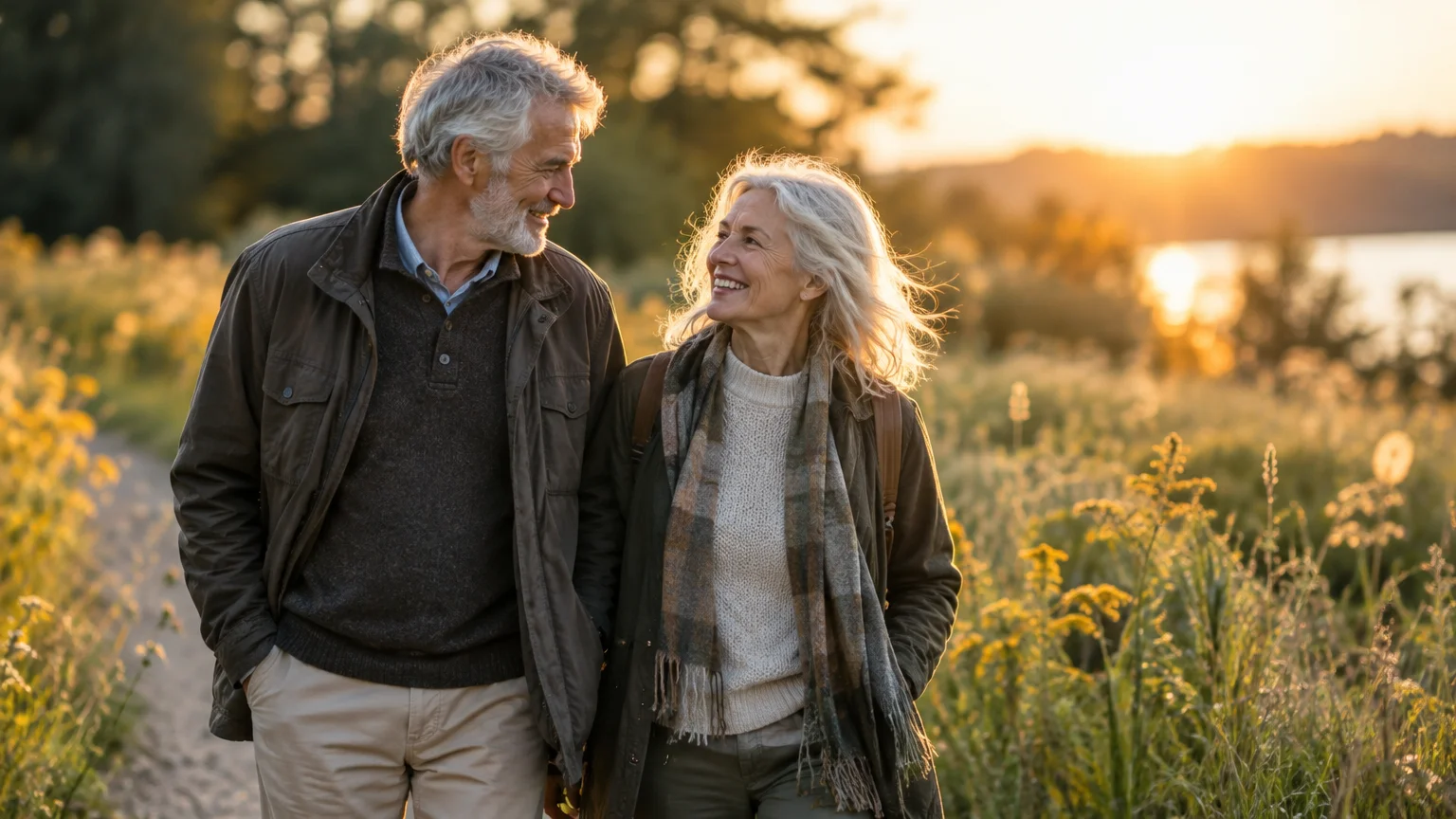 A smiling senior couple walks together through a grassy field along a dirt path at sunset.