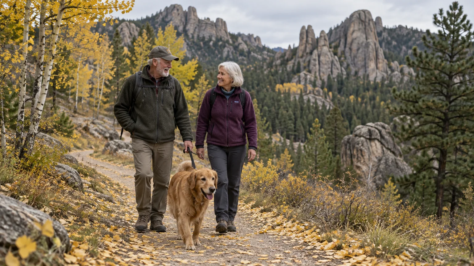 Senior couple hiking on a mountain trail with their golden retriever amid autumn trees and rock formations.