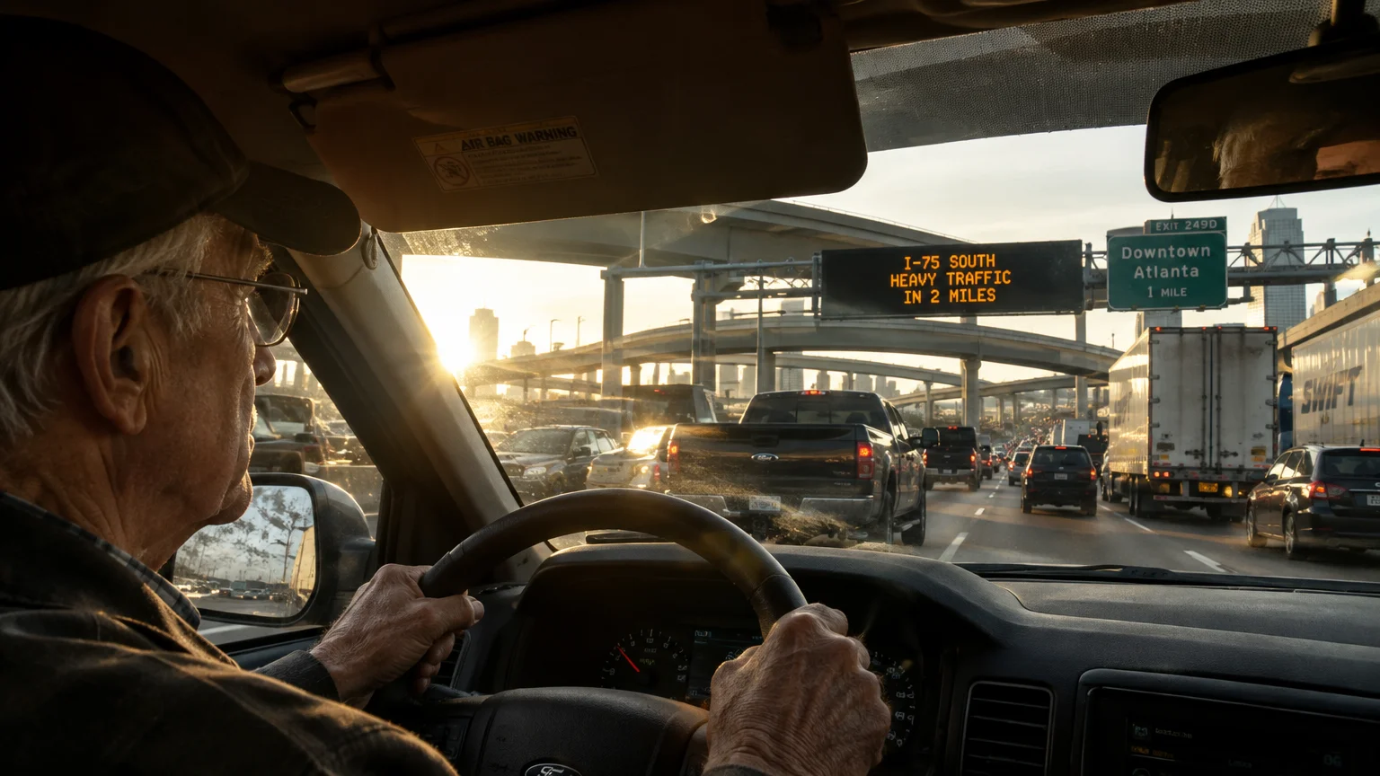 Senior man driving a truck in heavy, congested highway traffic toward Downtown Atlanta beneath elevated highway overpasses.