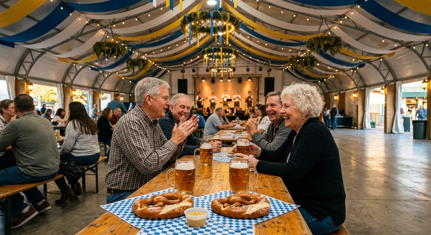 People sit at wooden tables with large pretzels and beer mugs inside a decorated Oktoberfest tent with a band.