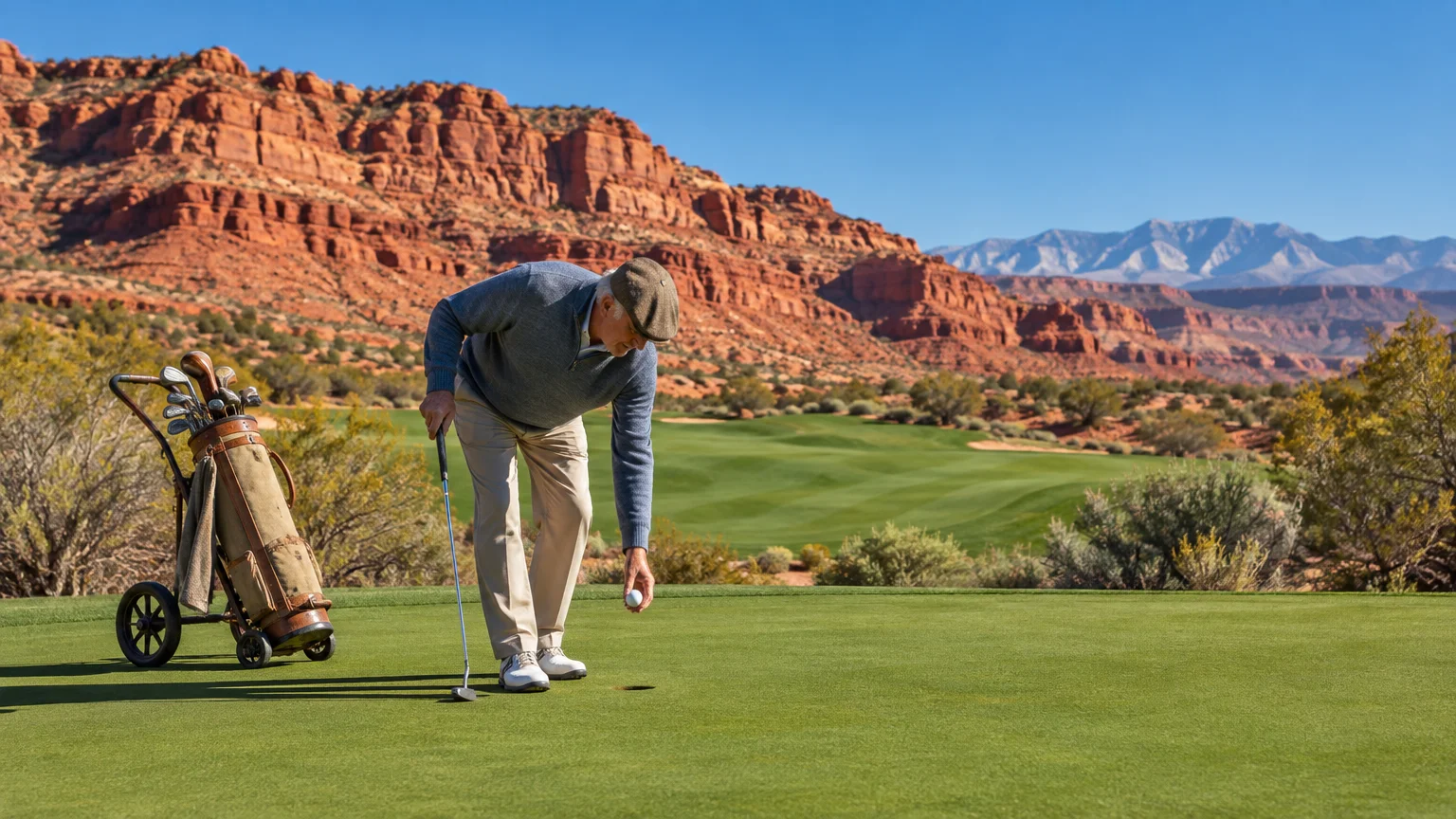 A man retrieves a golf ball on a lush green, with his golf cart nearby and red sandstone cliffs in the background.