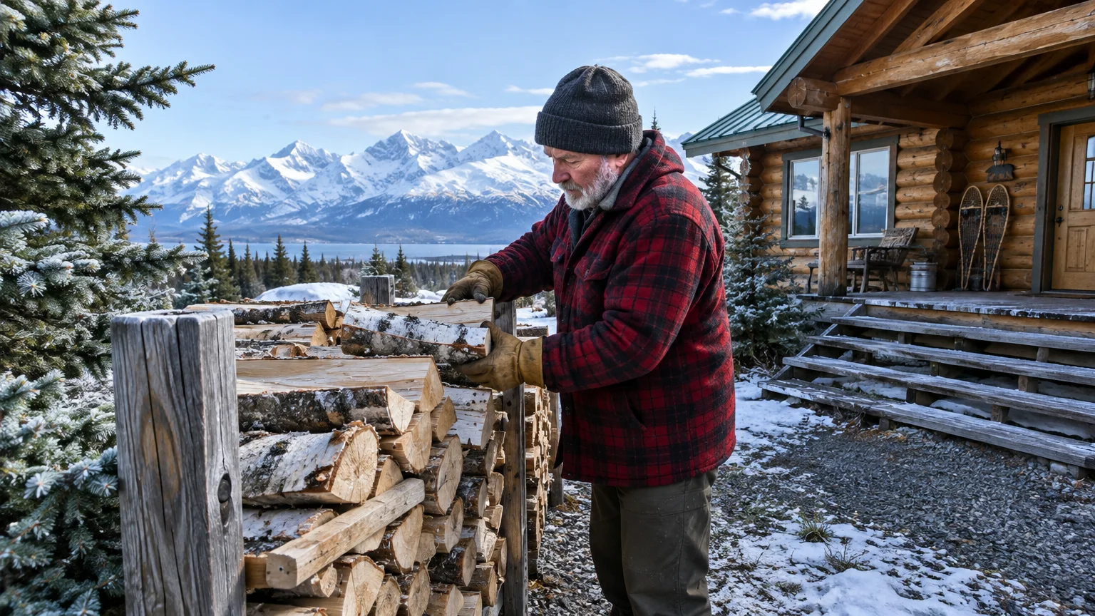 Older man in a red flannel jacket stacks firewood outside a log cabin facing snow-capped mountains.