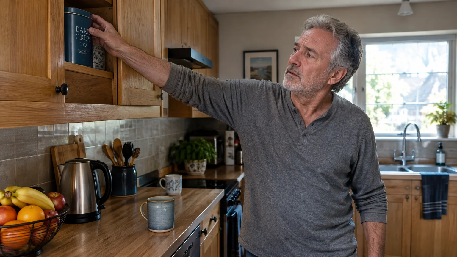 Older man reaching into an upper kitchen cabinet for a tea tin with a strained, uncomfortable facial expression.