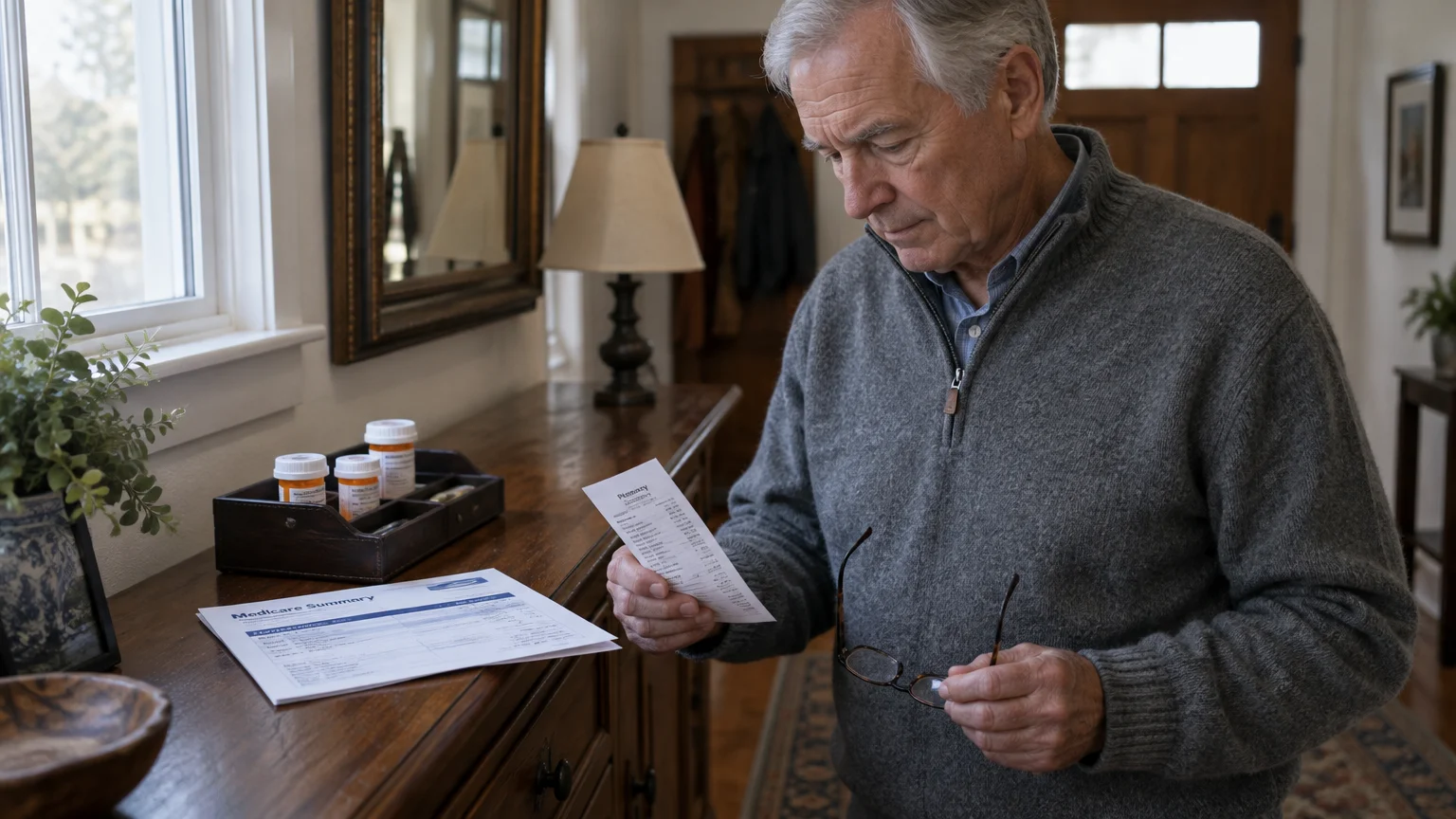A senior man in a gray sweater reviews a pharmacy receipt beside pill bottles and a Medicare summary form.