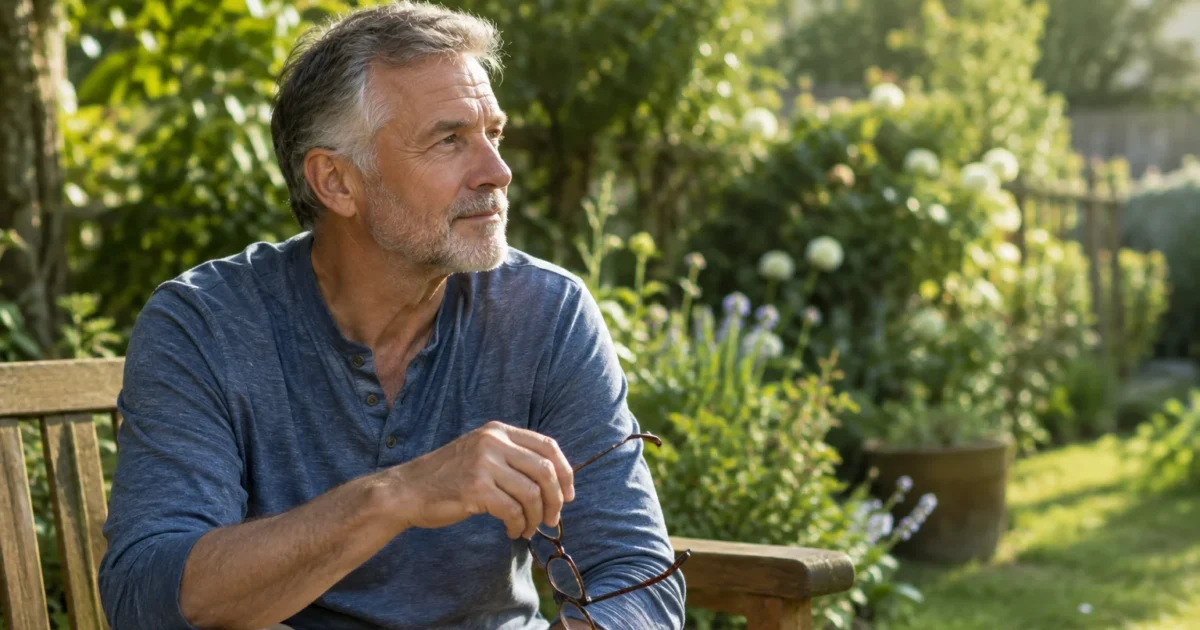 Mature man with graying hair sitting outdoors on a wooden bench holding eyeglasses in a garden.
