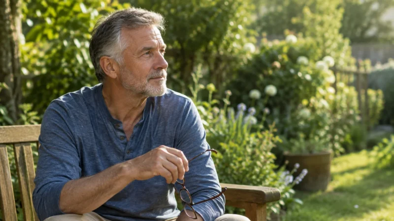 Mature man with graying hair sitting outdoors on a wooden bench holding eyeglasses in a garden.