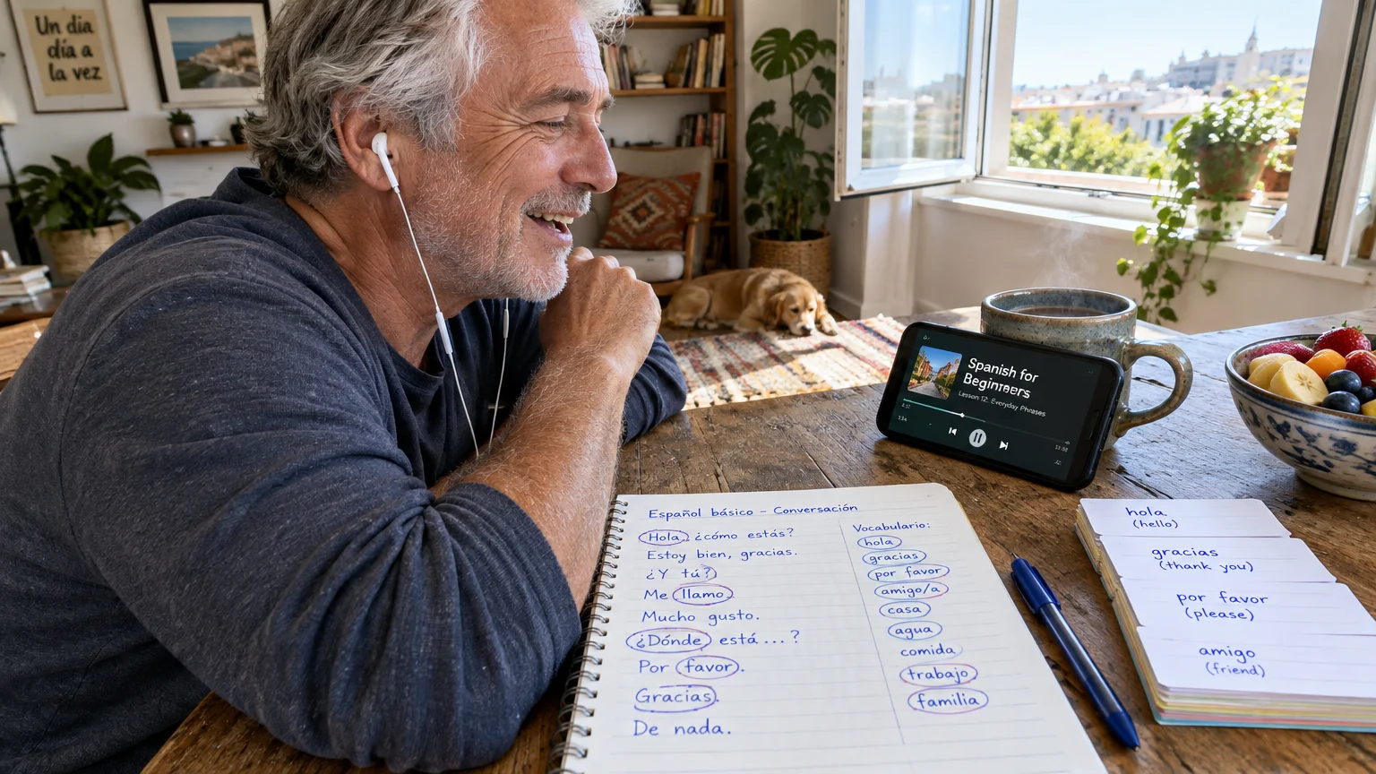A senior man wearing earphones listens to a Spanish lesson on his phone beside handwritten vocabulary notes and flashcards.
