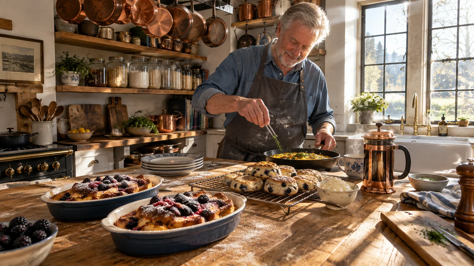 A senior man in an apron prepares breakfast dishes on a rustic wooden kitchen counter lined with fresh bakes.