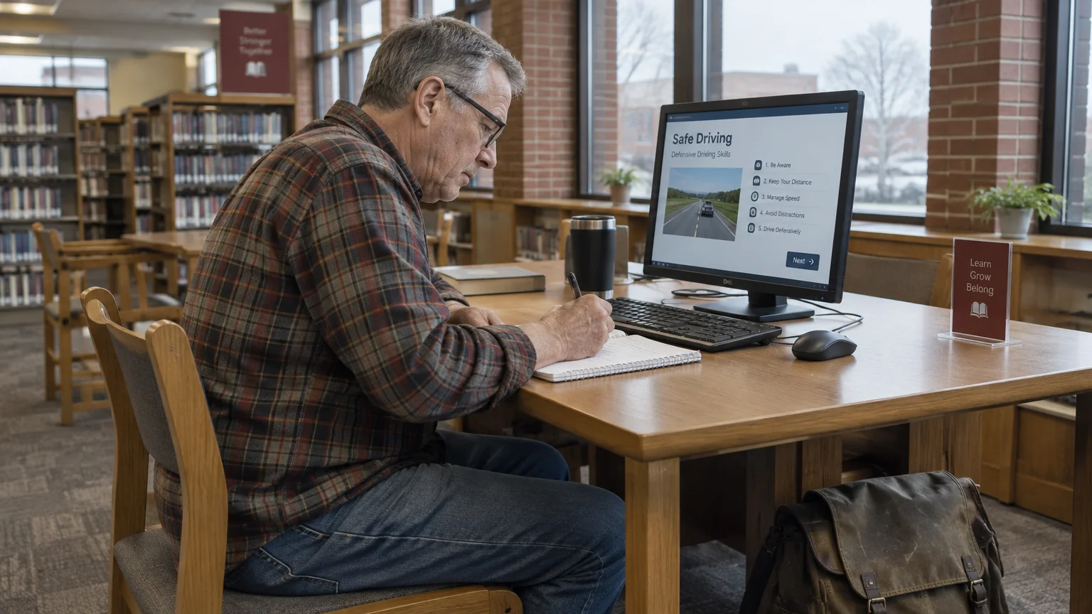 An older man wearing glasses writes notes while completing a safe driving module on a desktop computer in a library.