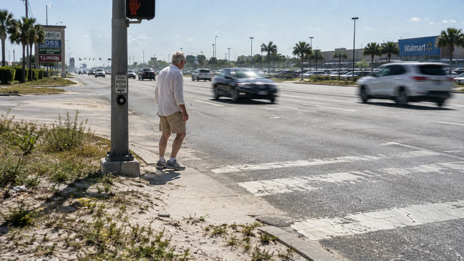 An older man waits at a crosswalk beside a busy multi-lane roadway with passing cars and shopping plazas.