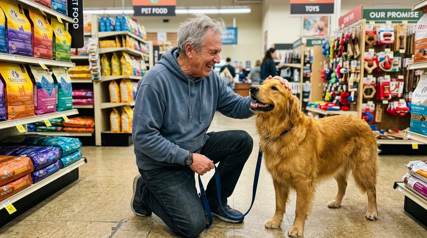 A smiling older man kneels next to a golden retriever on a leash in a pet store aisle lined with pet food bags.