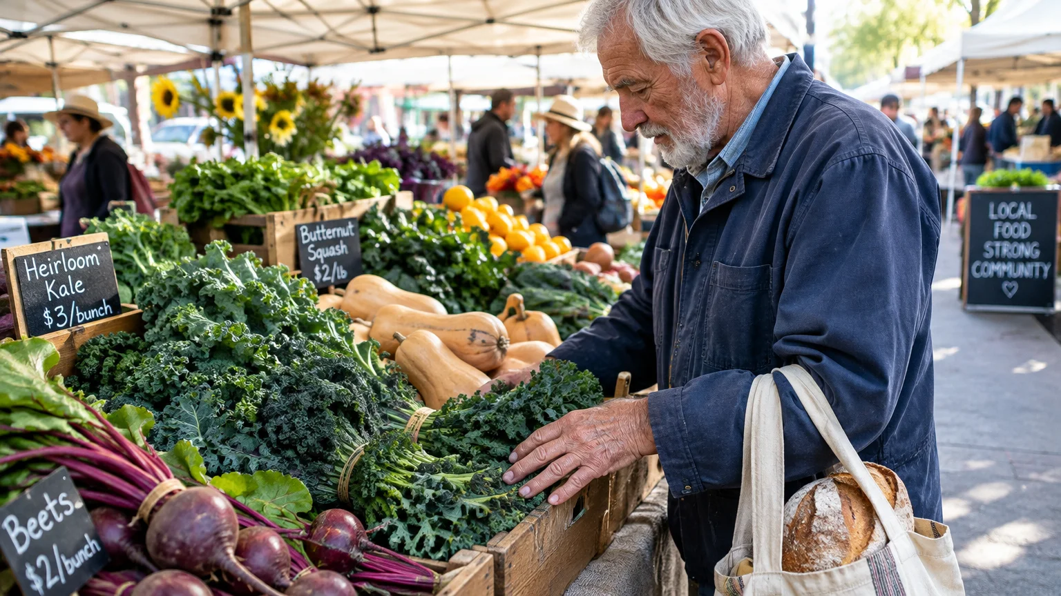 A senior man examines fresh kale at an outdoor farmers market stand filled with beets, squash, and citrus.