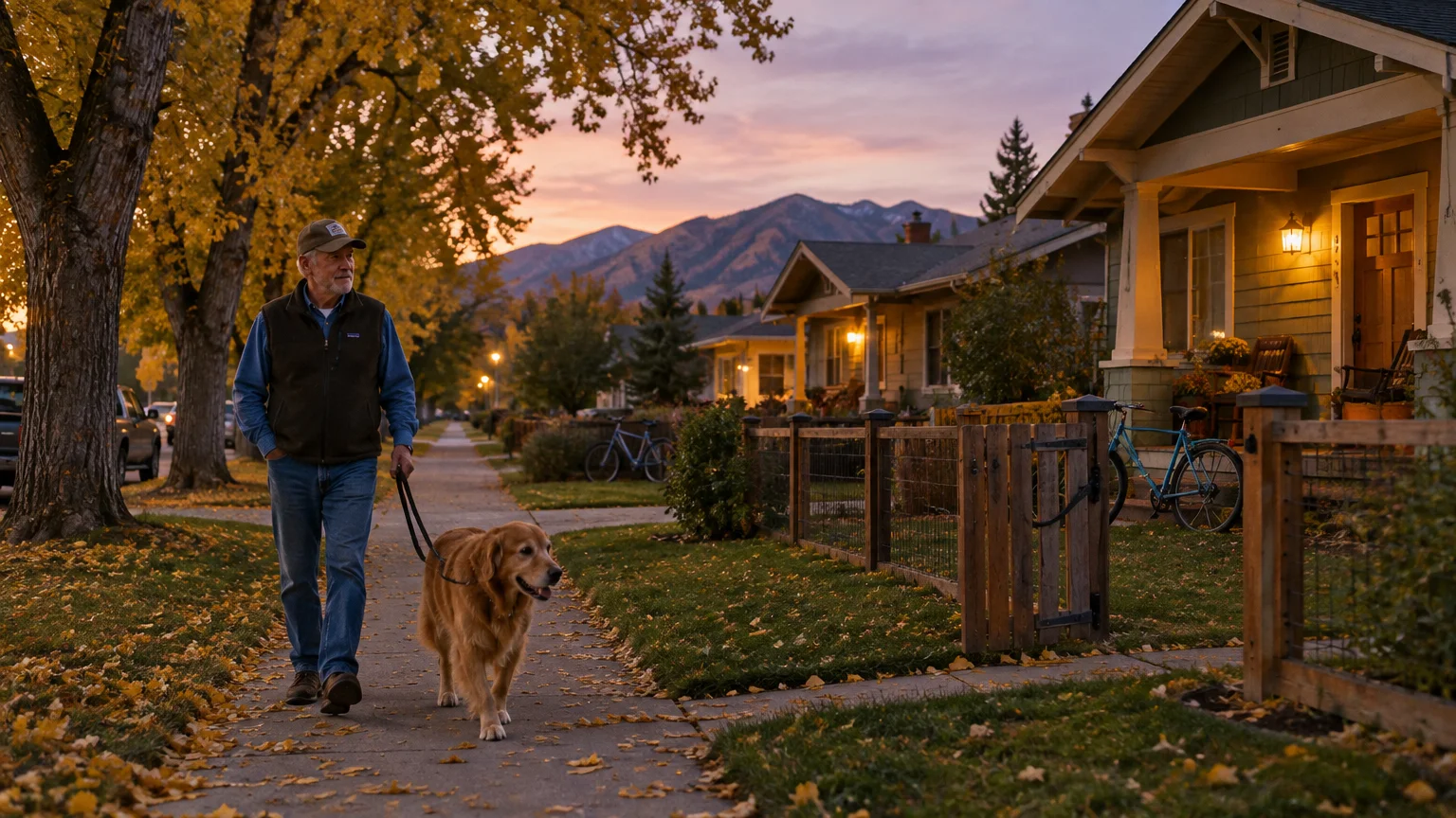 An older man walks a golden retriever down a suburban sidewalk at dusk past houses with autumn trees and mountains.