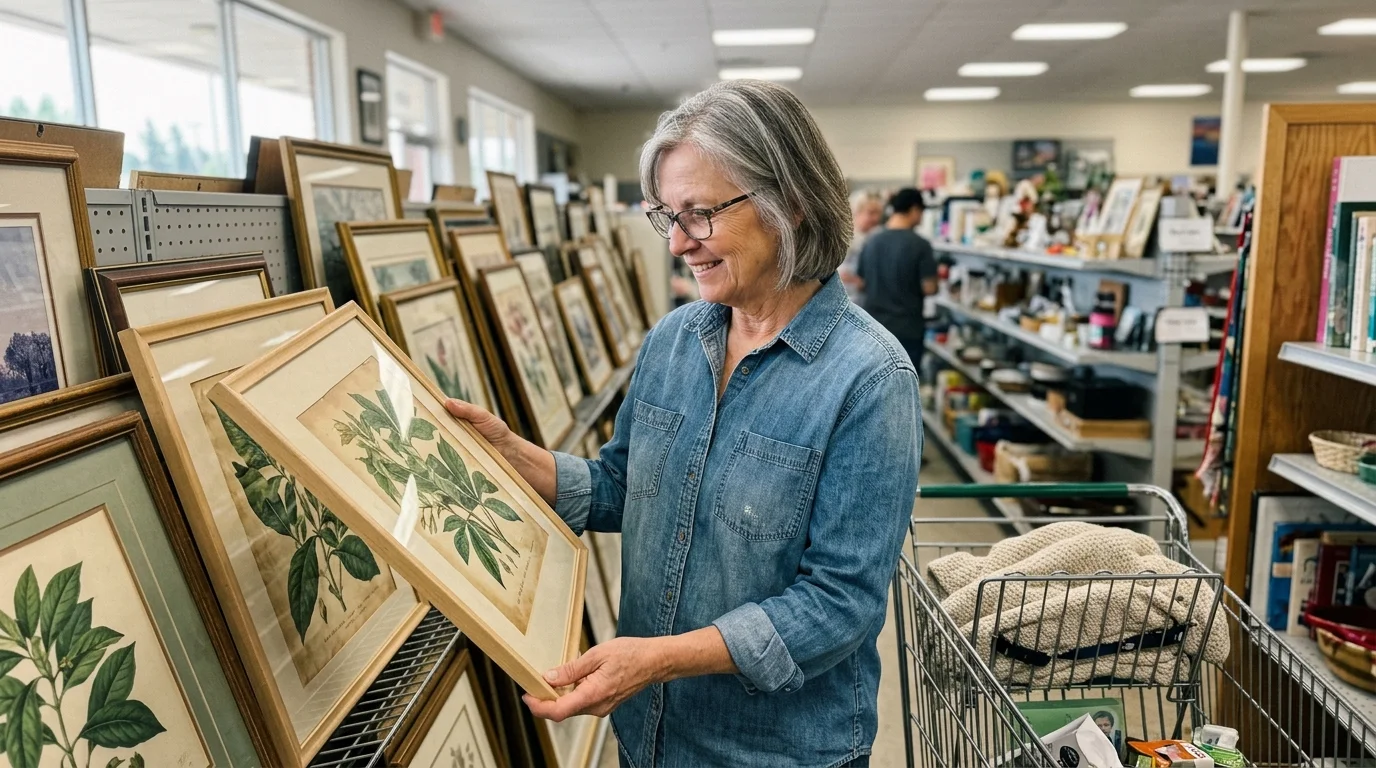 A smiling woman with glasses and gray hair examines a framed botanical print in a thrift store aisle.