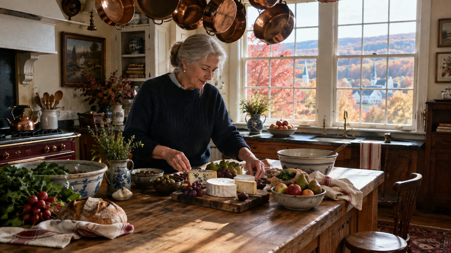Older woman arranging cheese and produce on a wooden kitchen island before large windows overlooking autumn foliage.