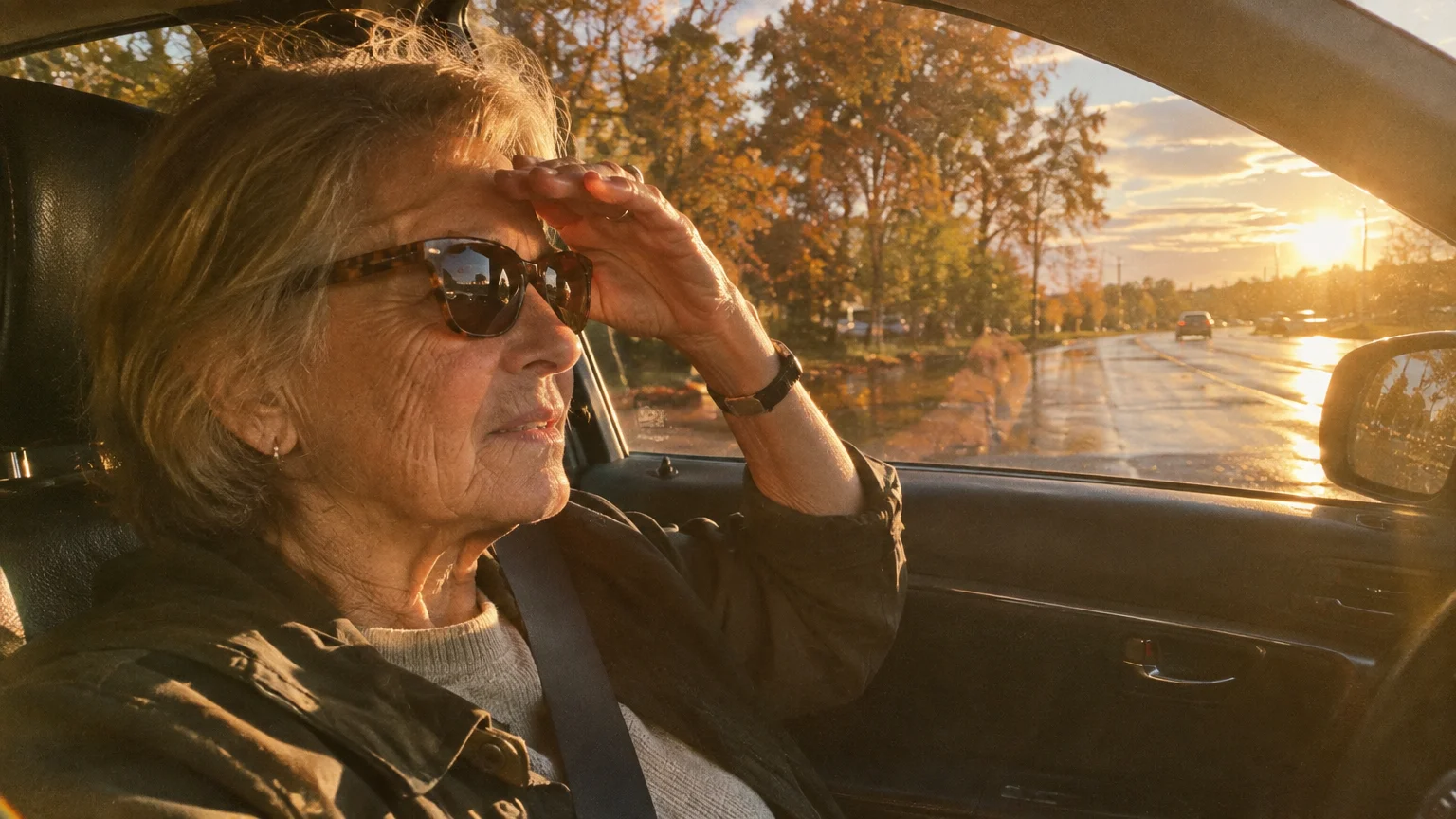 Woman in sunglasses driving a car while shielding her eyes from bright sunlight shining through the window.