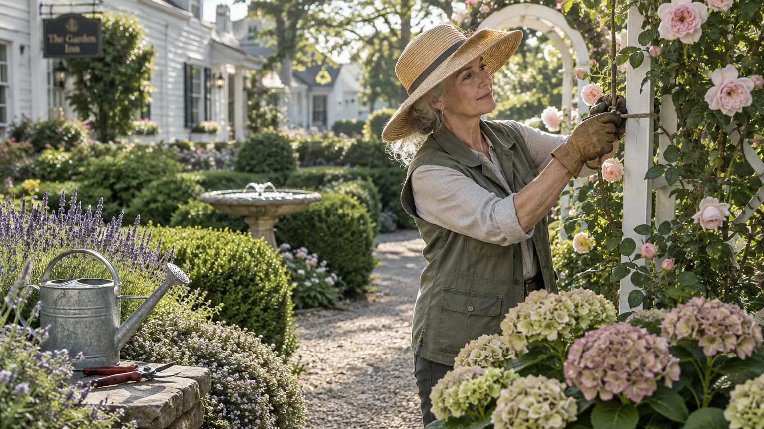 A senior woman in a straw hat and gardening gloves tends pink climbing roses on a white trellis in a lush garden.