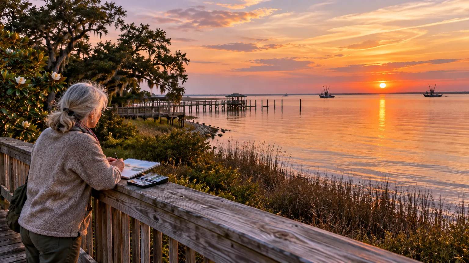 A woman paints watercolours on a wooden boardwalk overlooking a calm bay at sunset with boats in the distance.
