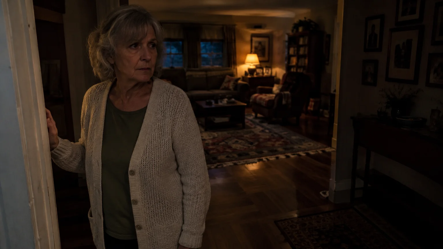 Senior woman in a white cardigan looking hesitantly into a dimly lit living room from a doorway.