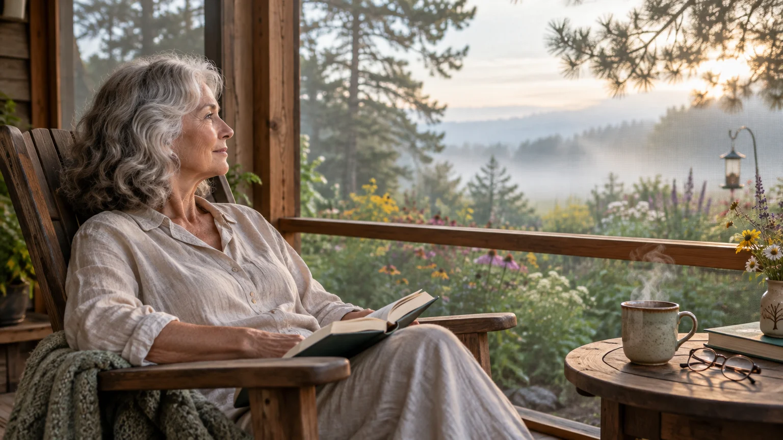 A smiling woman with gray hair sits in a wooden rocking chair on a porch holding an open book at sunrise.