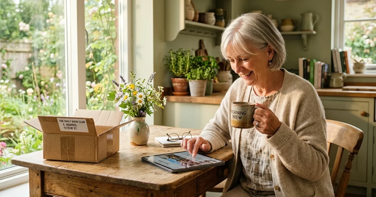 Smiling older woman holding a coffee mug and using a tablet at a wooden table next to an open delivery box.