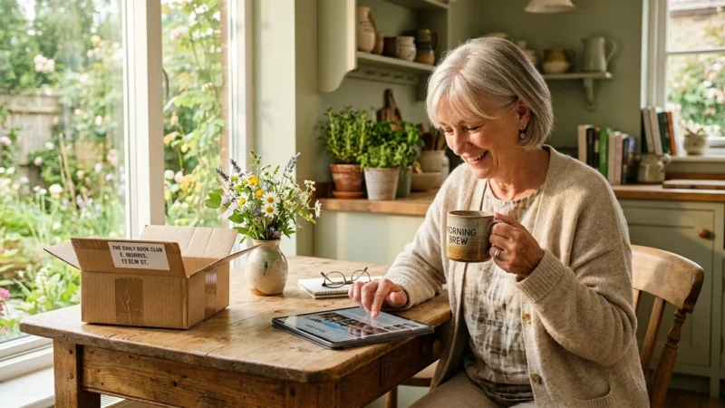 Smiling older woman holding a coffee mug and using a tablet at a wooden table next to an open delivery box.