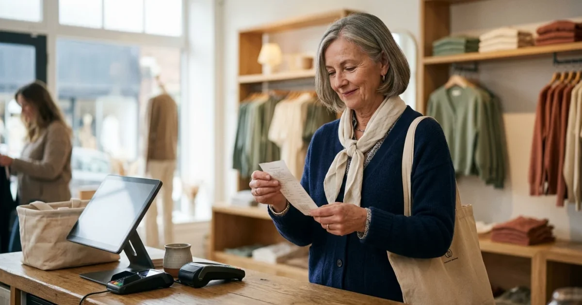 A smiling senior woman stands at a clothing store checkout counter looking at her paper receipt.