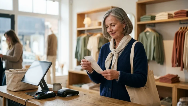 A smiling senior woman stands at a clothing store checkout counter looking at her paper receipt.