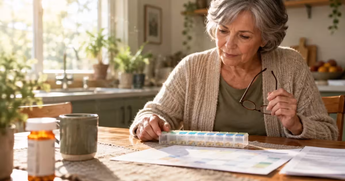Senior woman sitting at a sunlit kitchen table reviewing medication schedules alongside a weekly pill organizer.