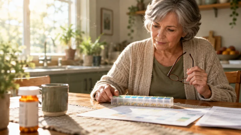 Senior woman sitting at a sunlit kitchen table reviewing medication schedules alongside a weekly pill organizer.