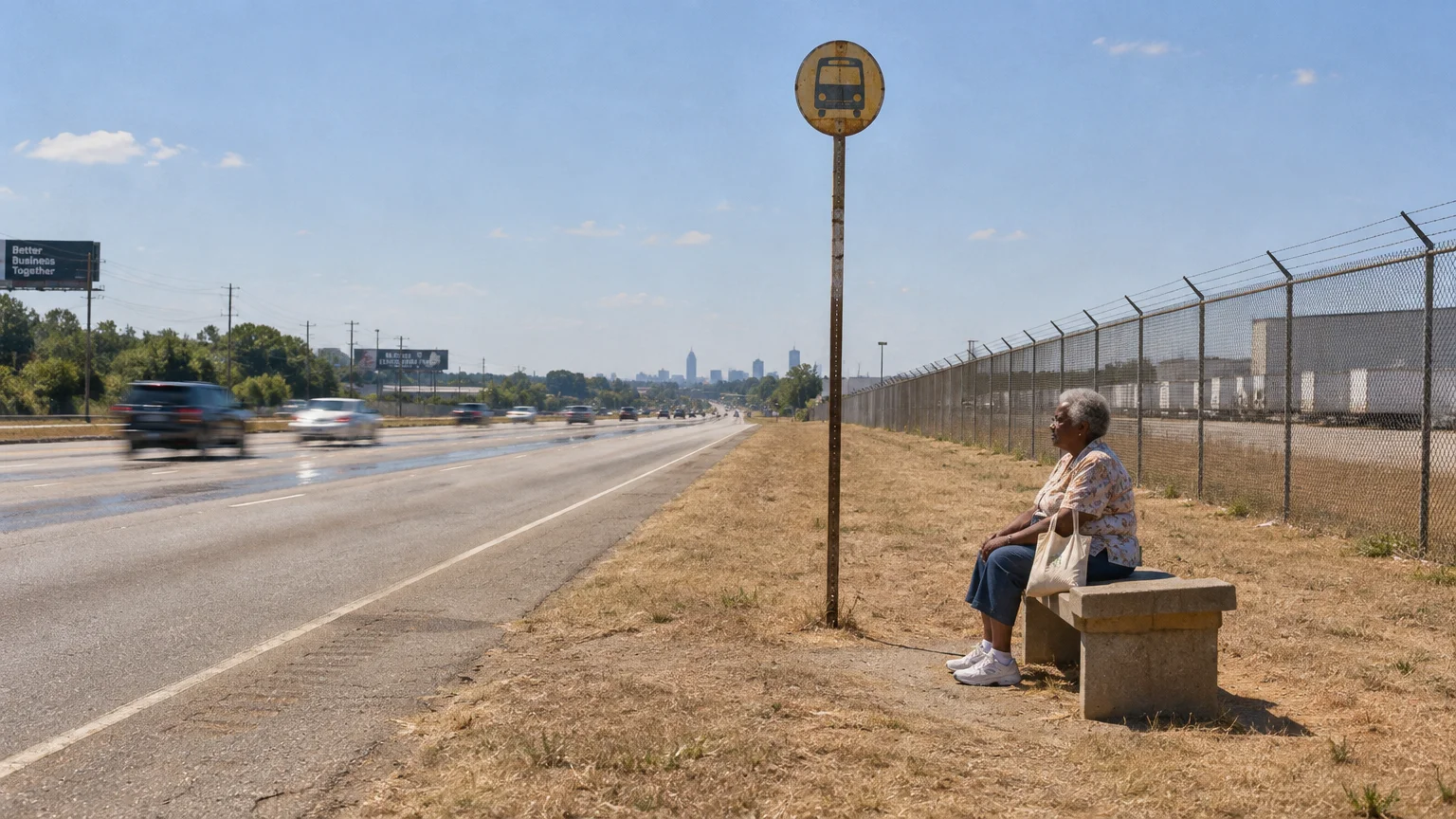 An older woman sits on a concrete bench next to a bus stop sign beside a multi-lane highway with passing cars.
