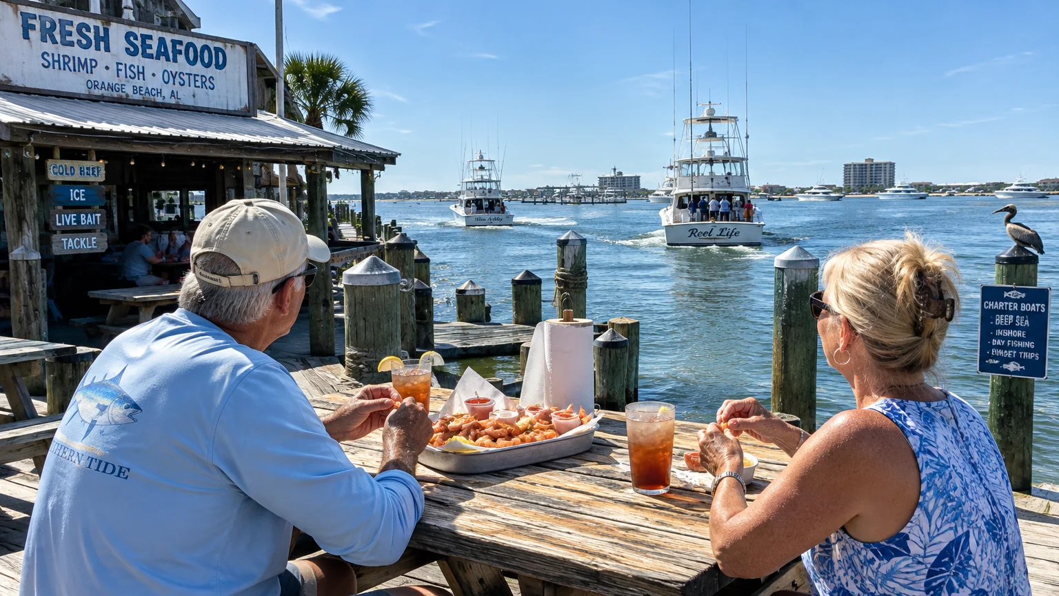 Couple seated at a wooden picnic table eating boiled shrimp outside a waterfront seafood shack as boats cruise past.