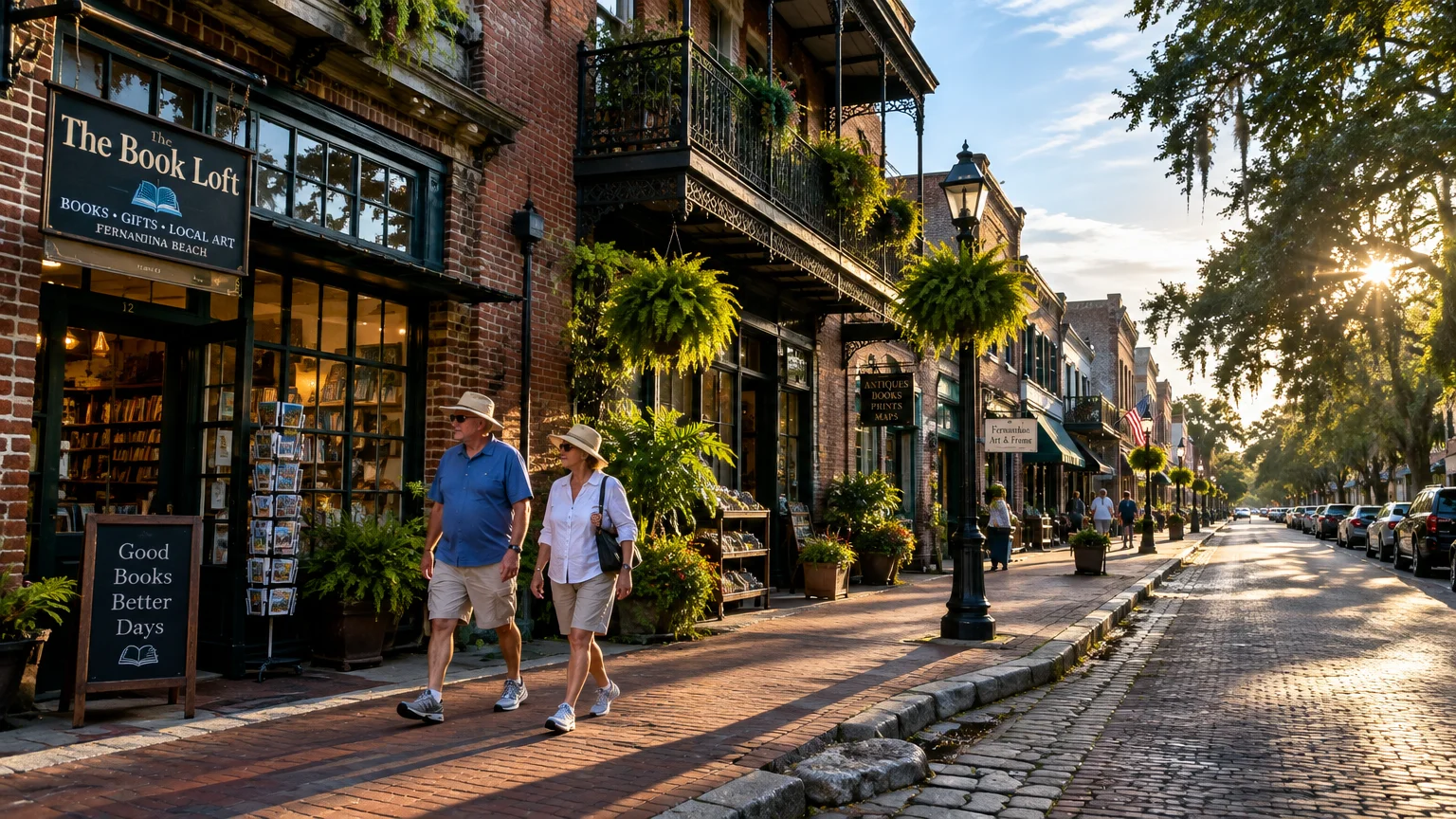 Couple strolling along a brick sidewalk past boutique storefronts and historic brick buildings on a sunny street.
