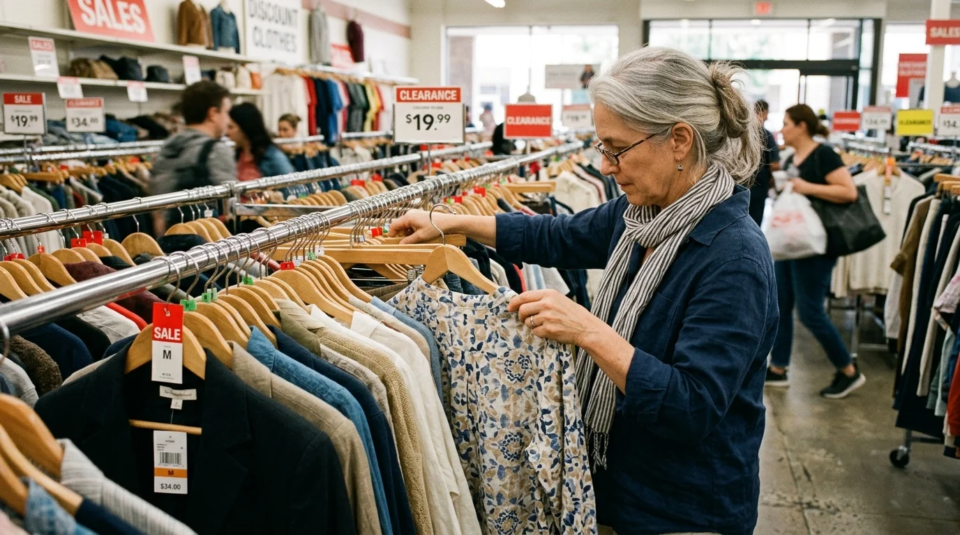 A woman with gray hair and glasses browses hanging clothing in a brightly lit discount department store aisle.