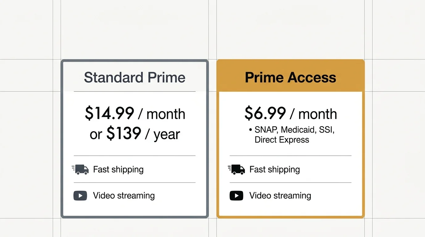 Comparison chart between Standard Prime at $14.99 per month and Prime Access at $6.99 per month.