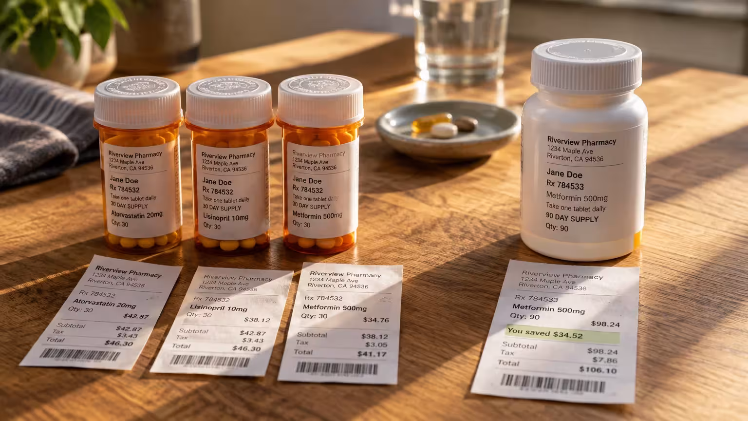 Three small orange 30-day prescription bottles with receipts next to one large white 90-day medication bottle on a table.