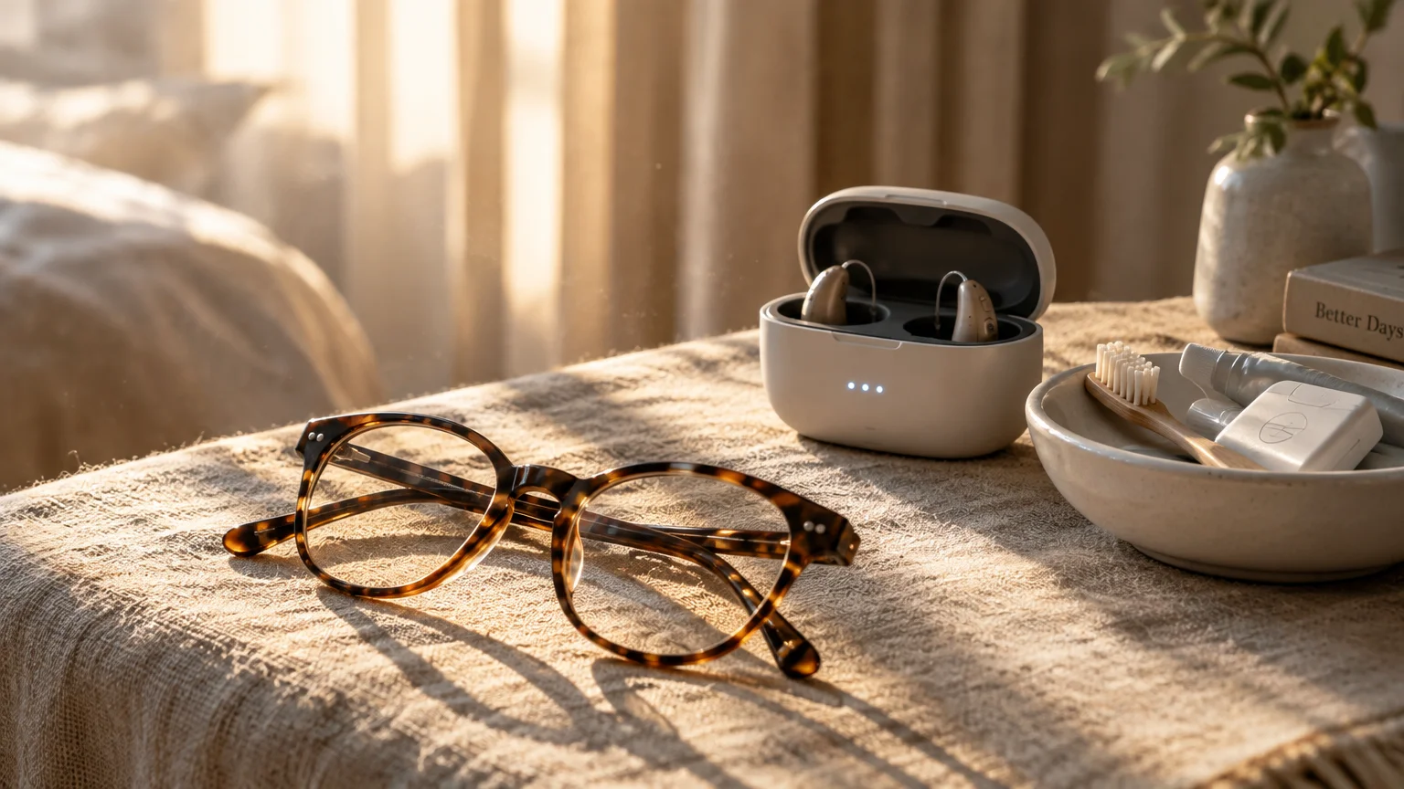 Tortoiseshell eyeglasses, open charging case with hearing aids, and a toothbrush resting in a dish on a sunlit table.