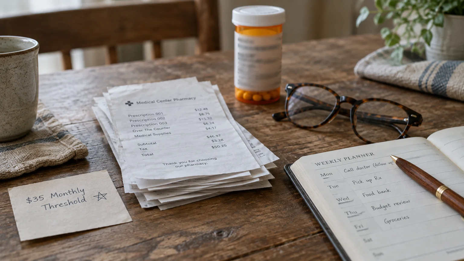 Pharmacy receipts, a pill bottle, glasses, and a planner sit on a wooden table beside a note reading $35 Monthly Threshold.