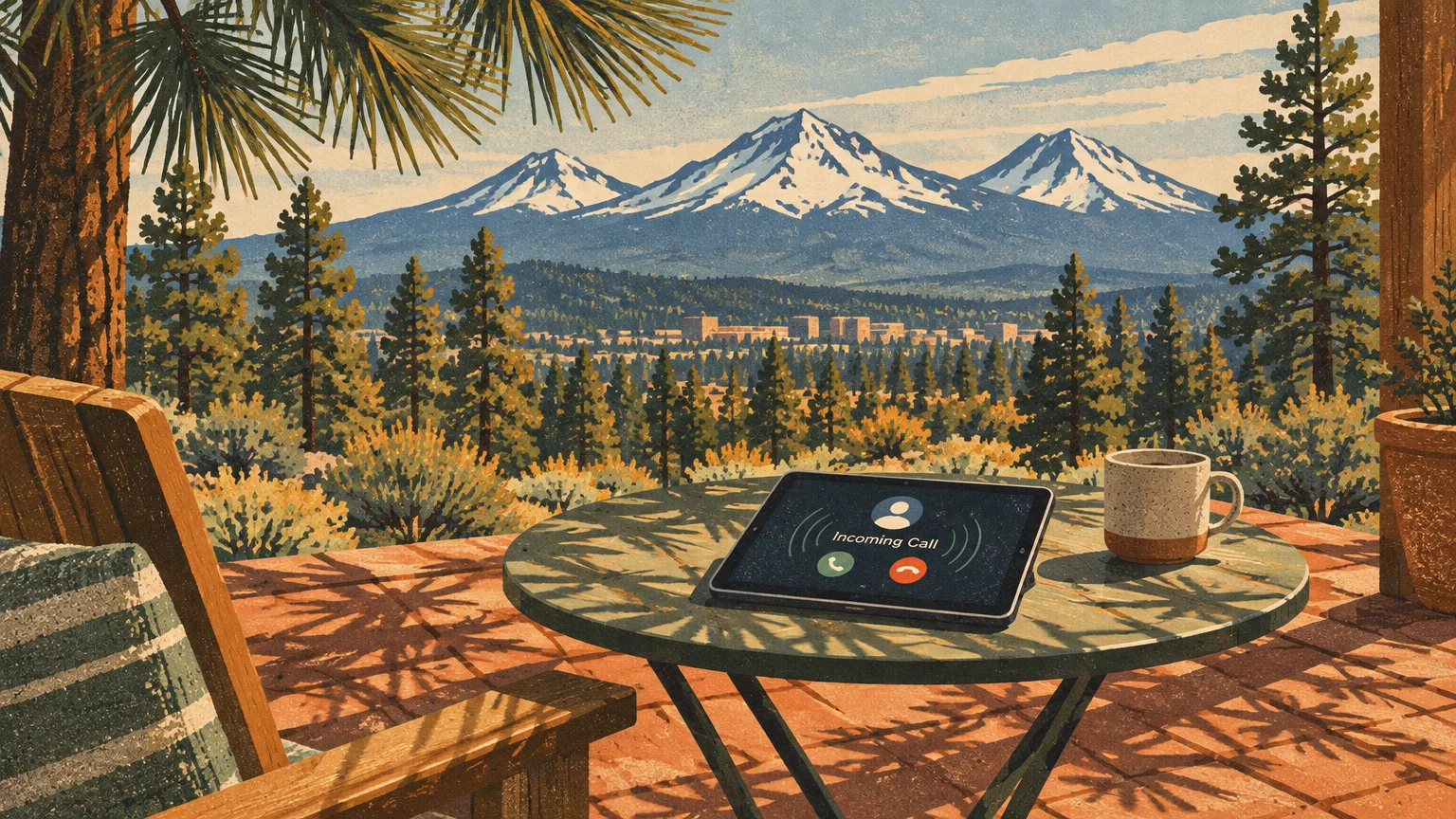 Illustration of a patio table with a mug and ringing tablet overlooking pine trees and snow-capped mountain peaks.