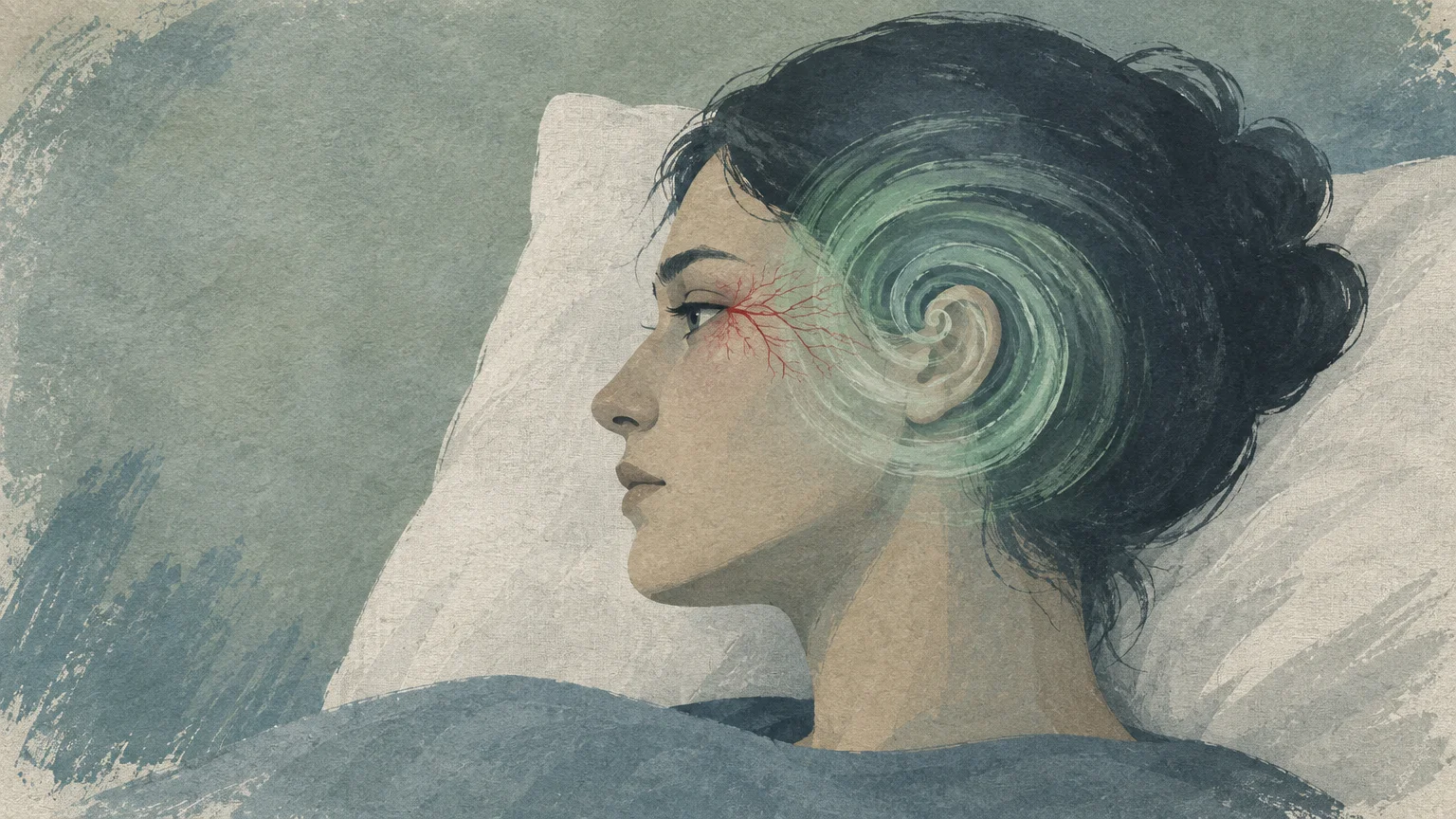 Illustration of a woman in profile in bed, with red veins extending from her eye and a green spiral over her ear.