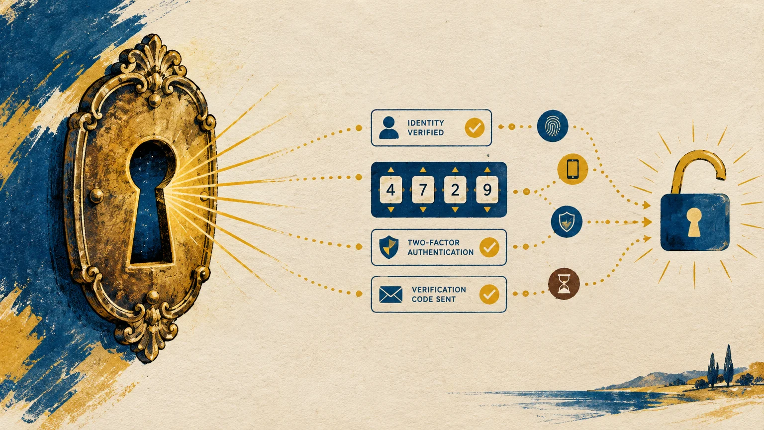 Ornate keyhole radiating light toward two-factor authentication icons, a four-digit code, and an open padlock.