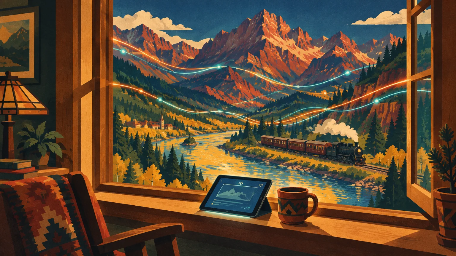 Illustration of an open window overlooking a mountain river valley with a train, glowing digital lines, and a tablet on the sill.