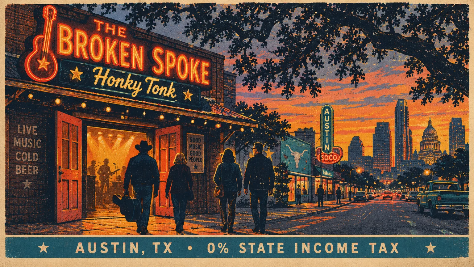 Illustration of The Broken Spoke honky-tonk entrance at sunset, with couples walking toward the door and downtown skyline.