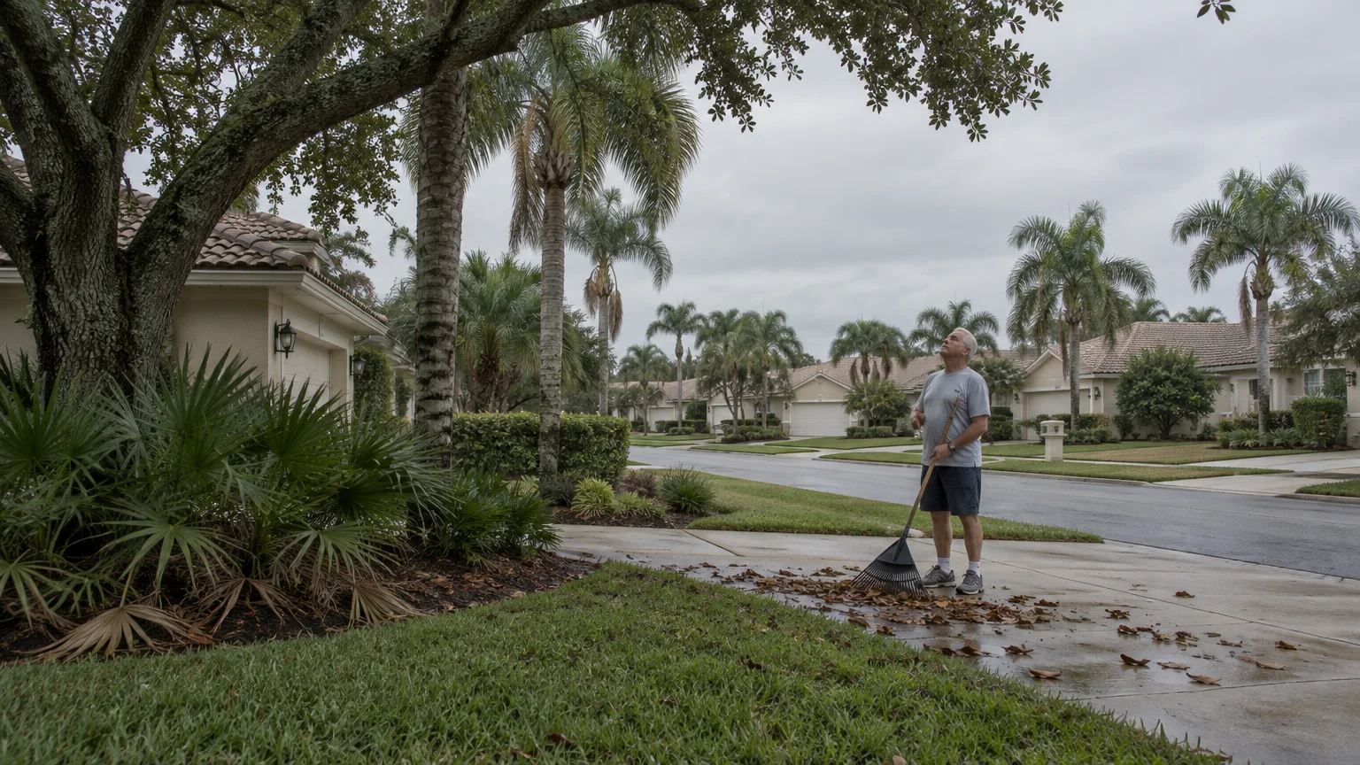 A man holding a rake stands on a wet driveway surrounded by palm trees and suburban homes on an overcast day.